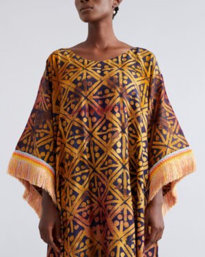 African Tribal-Inspired Boubou Gown with Fringe Sleeves & Matching Headwrap