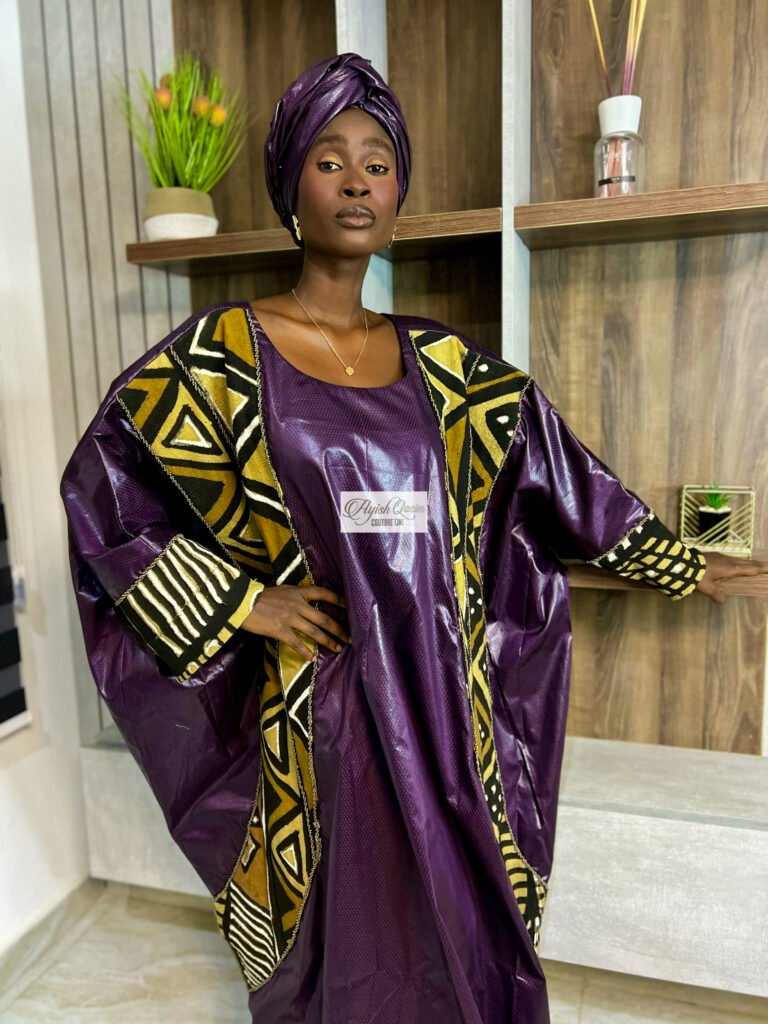 Royal Amethyst purple dress with gold and black Bogolanfini detailing and matching headwrap