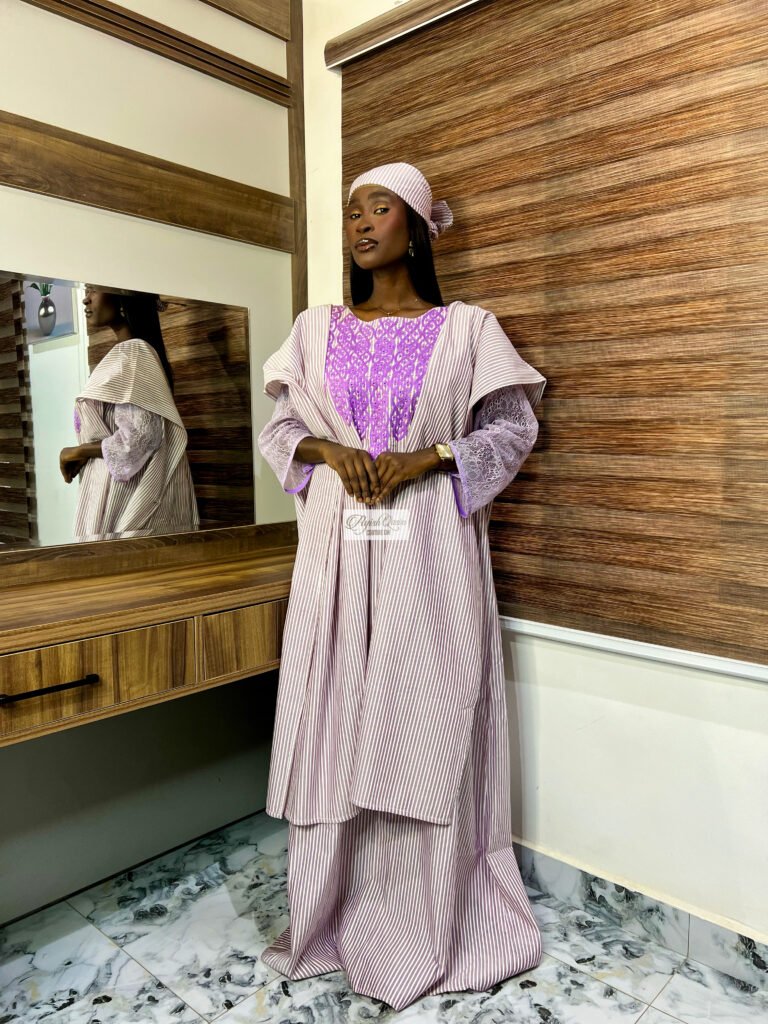 The Lilac Grace Dress with purple embroidery, striped fabric, lace cuffs and matching headpiece