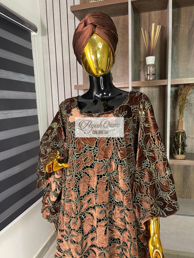 The Eartha brown floral dress with copper detailing and matching headwrap by Ayish Qasim