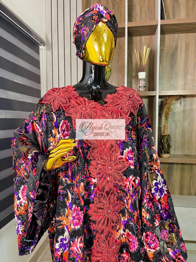 The Enchanted Bloom floral African print dress with coral-red embroidery by Ayish Qasim Couture