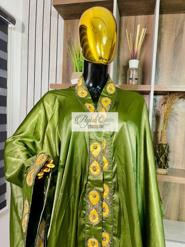 The Gilded Olive olive-green kimono with intricate gold detailing by Ayish Qasim