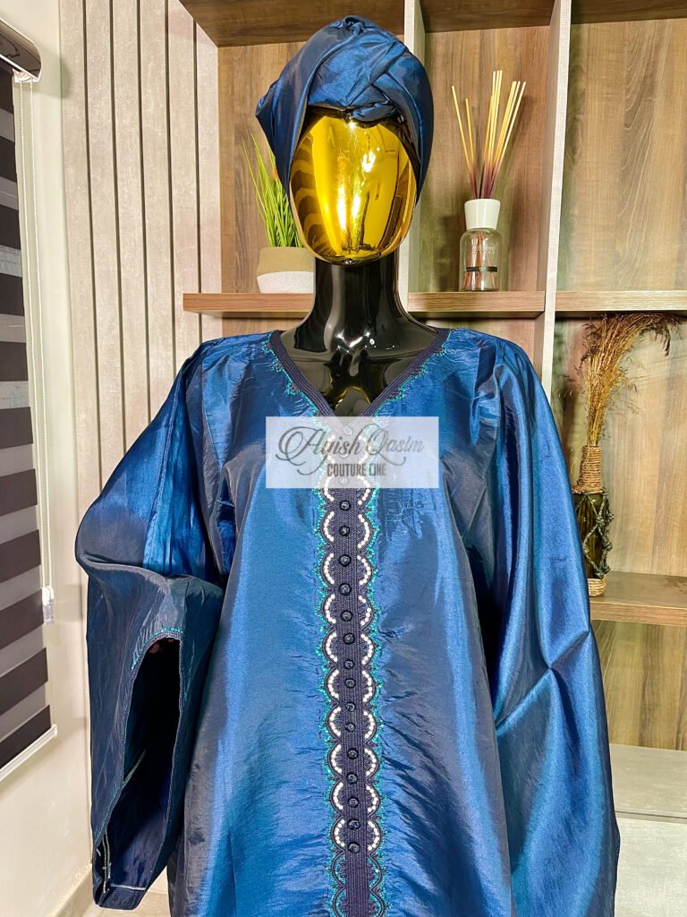 The Royal Nocturne royal blue African dress with embroidered detailing and matching headwrap by Ayish Qasim