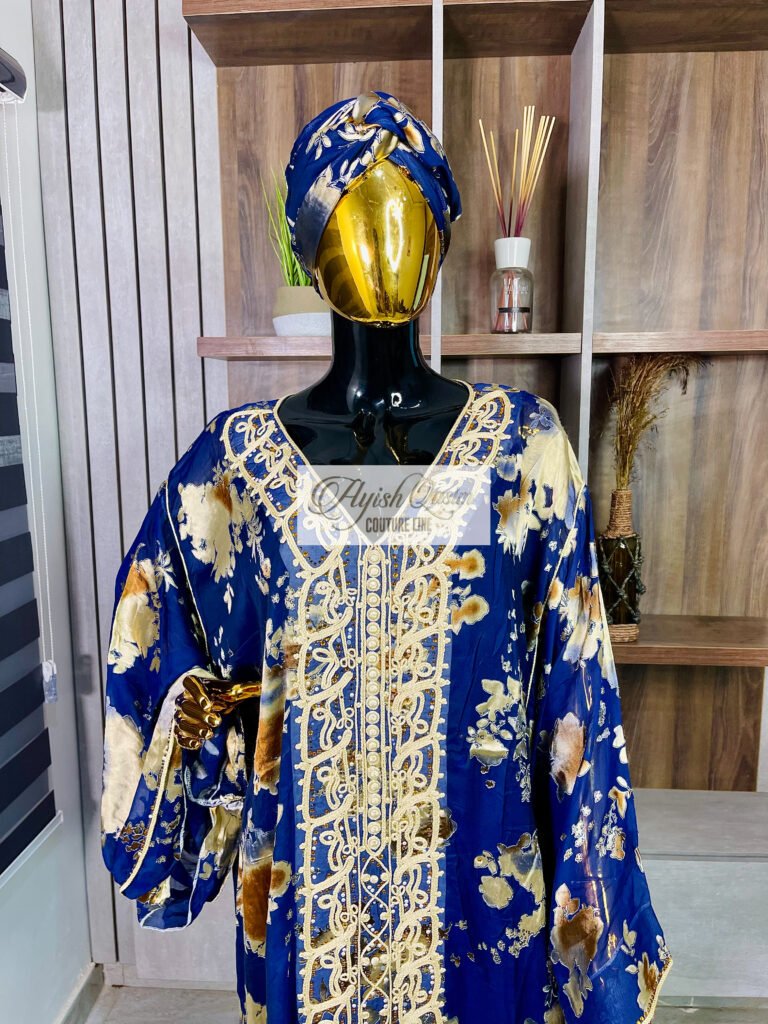 The Sapphire Heirloom royal blue African dress with gold detailing and matching headwrap by Ayish Qasim